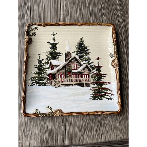 St. Nicholas Square Other - St. Nicholas Square “Snow Valley” Square Plate 10.5" Snowy Cabin Pine Tree